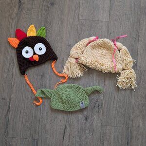 63.🧶🦃 Handmade Crochet Hat Lot — 3 Baby/Toddler Hats 🦃🧶